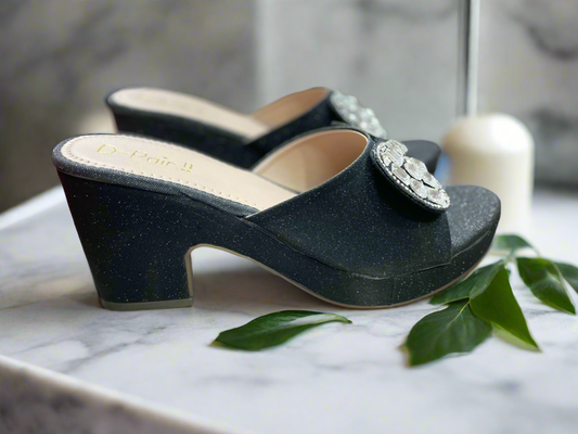 Elegant Black Shimmer Block Heels with Crystal Bow