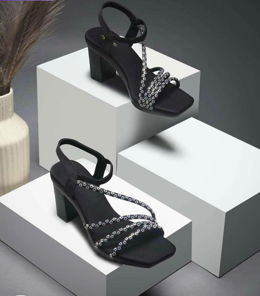 Black Glamour Block Heels with Crystal  Straps