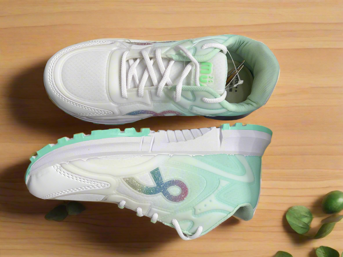 White & Mint Green Casual Sneakers with Iridescent Detailing