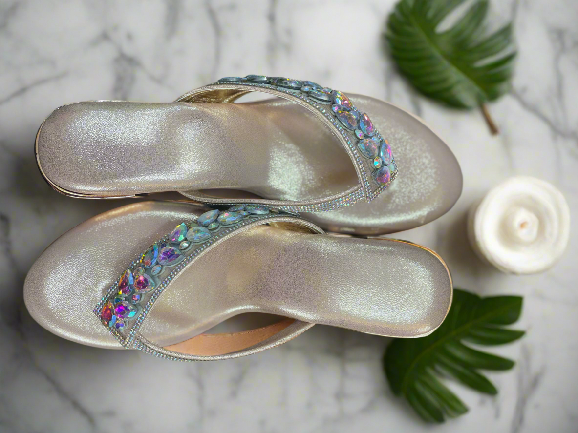 Iridescent Stone Embellished Golden Block Heel Sandals