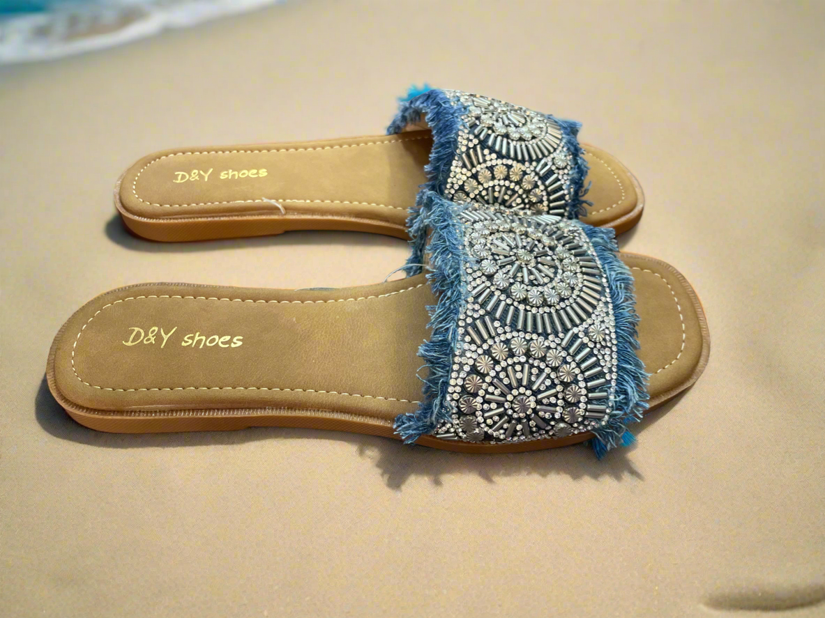 Trendy Blue Denim Embroidery Flats