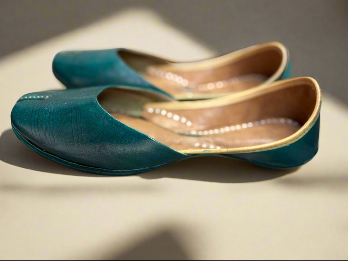 Teal Blue and yellow Textured Leather Juttis