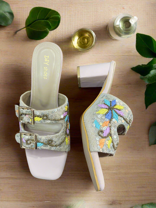 Embroidered Buckle Block Heel Sandals – Pastel Bloom Edition