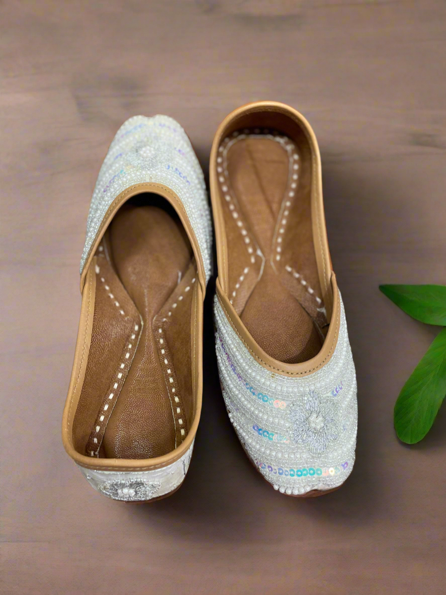 Elegant White Beaded Mojaris for Women