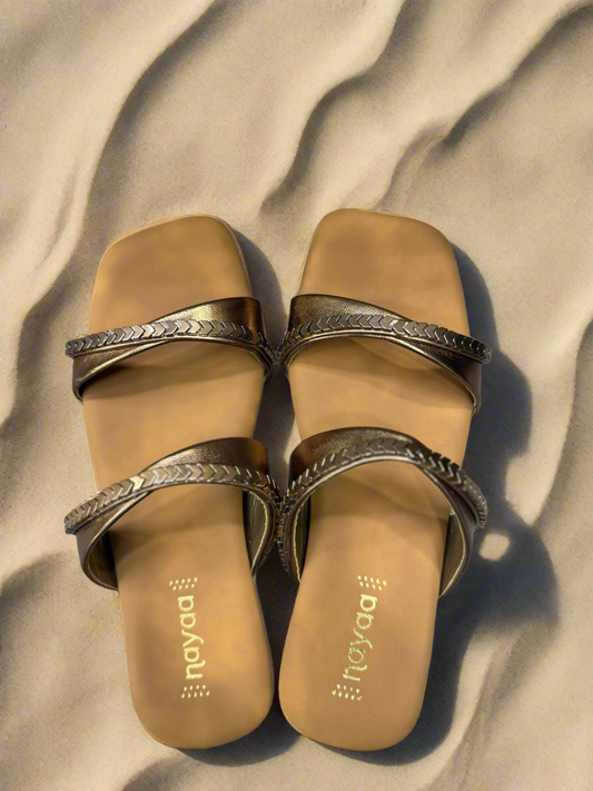 Women's Bronze Double Strap Slip-On Flats