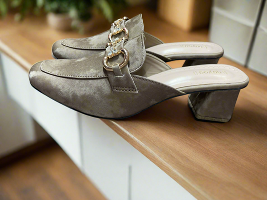 Elegant Velvet Block Heel Mules with Gold Chain Detail