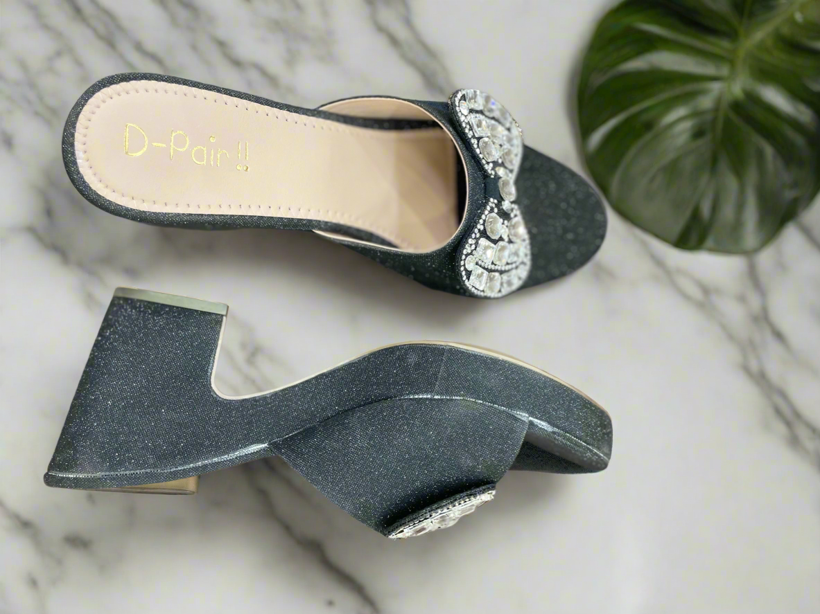 Elegant Black Shimmer Block Heels with Crystal Bow