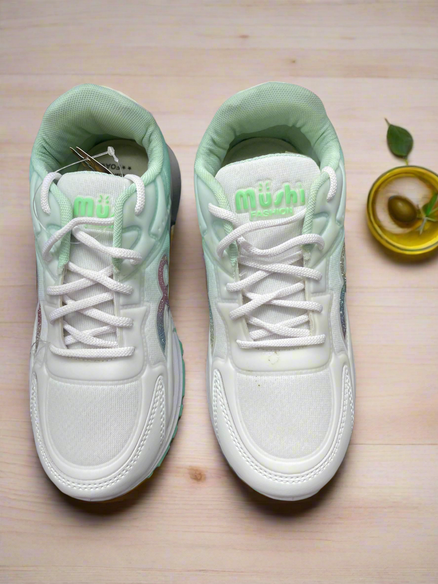 White & Mint Green Casual Sneakers with Iridescent Detailing