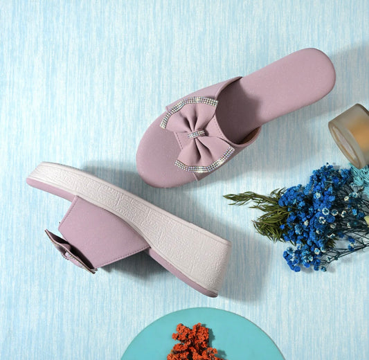 Elegant Lilac/Tan Bow Platform Slides