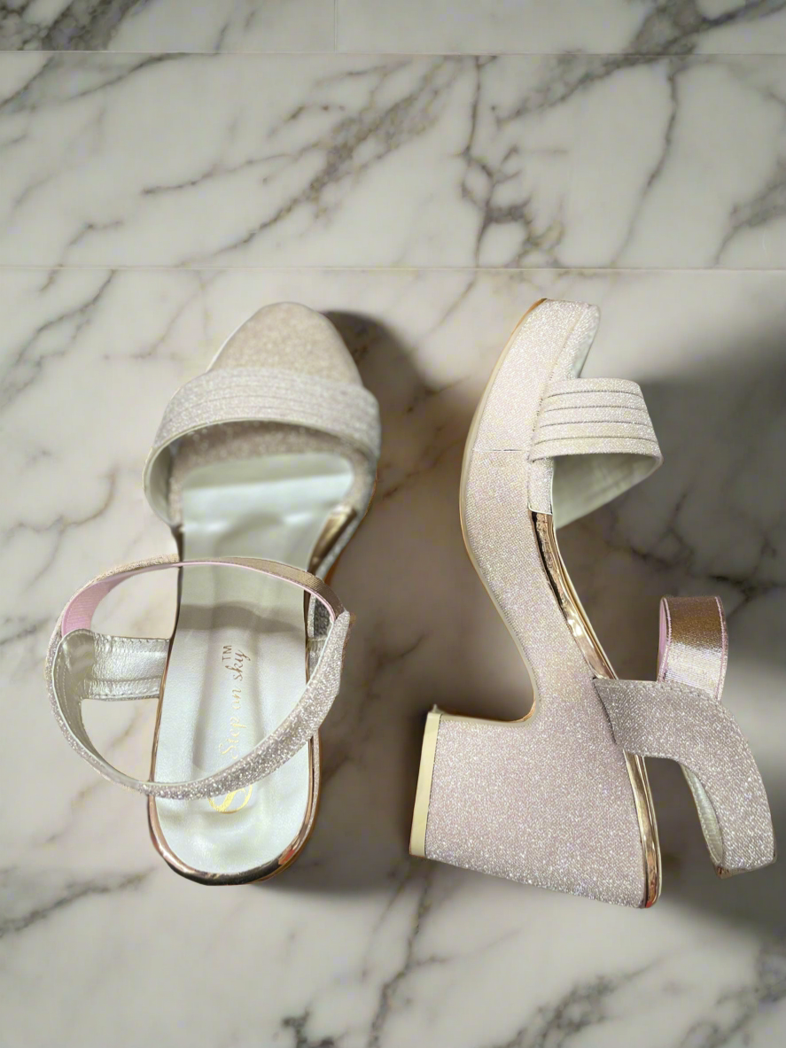 Shimmering Silver Glitter Wedge Heels with Unique Sculpted Heel