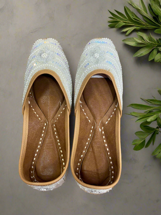 Elegant White Beaded Mojaris for Women