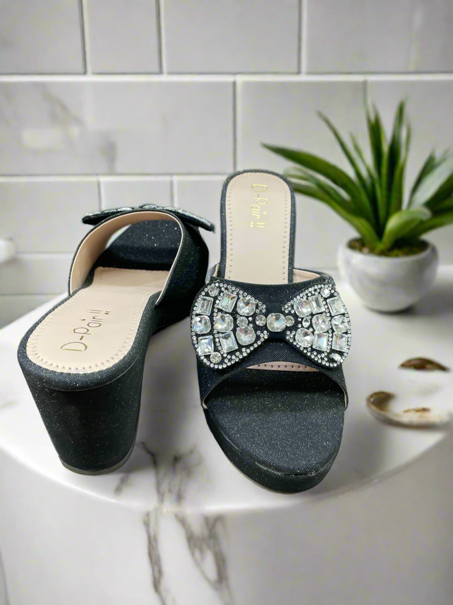 Elegant Black Shimmer Block Heels with Crystal Bow
