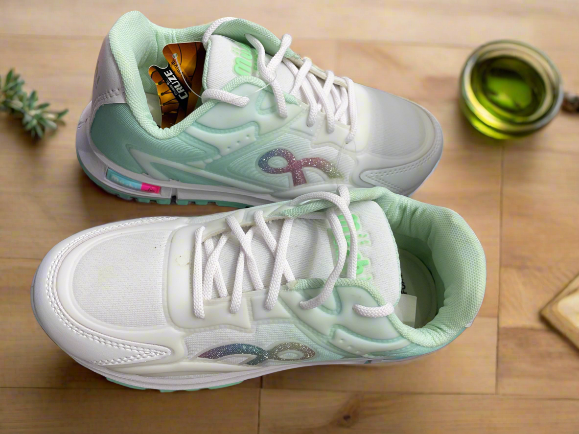White & Mint Green Casual Sneakers with Iridescent Detailing