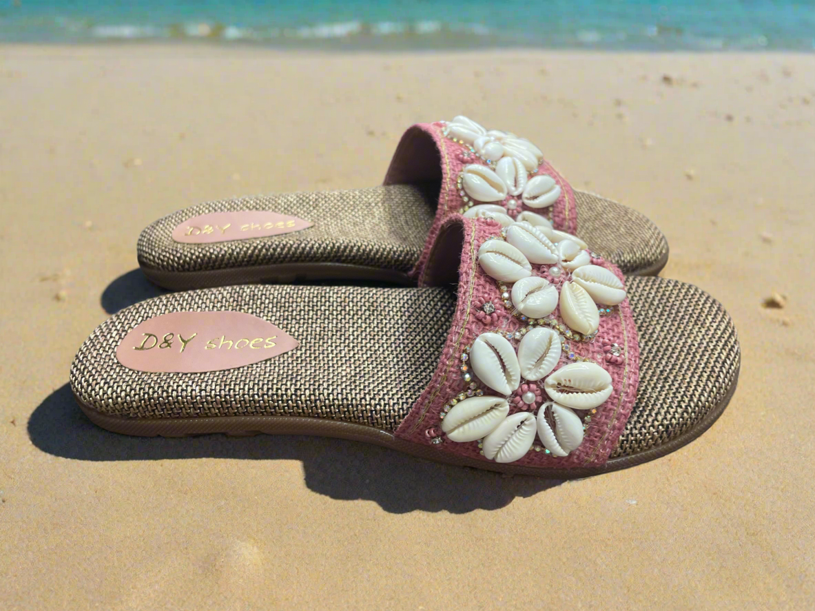 Beach Chic Pink Shell Embellished Slip-On Sandals