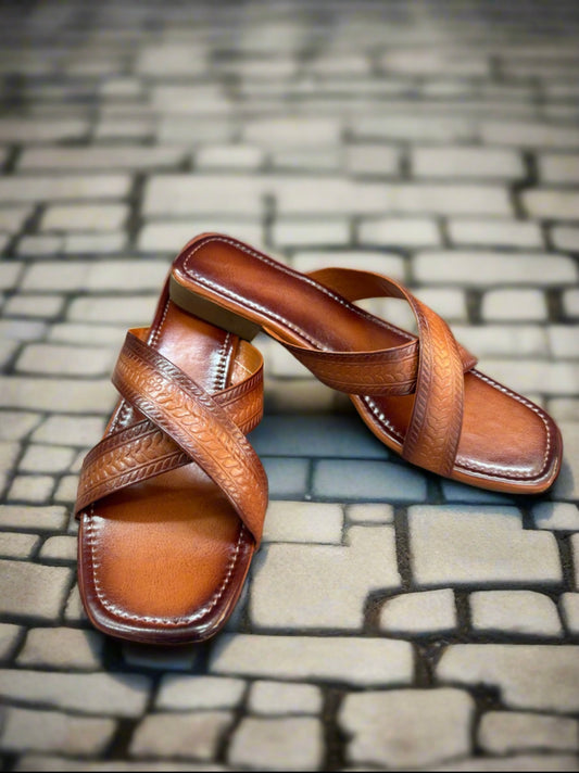 Classic Brown Leather Cross-Strap Sandals
