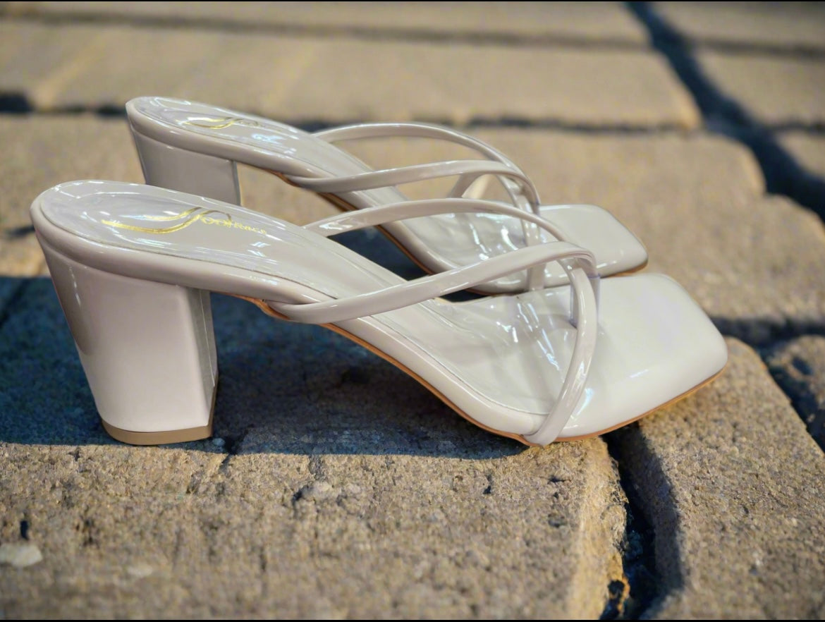 Elegant Nude Patent Block Heel Sandals