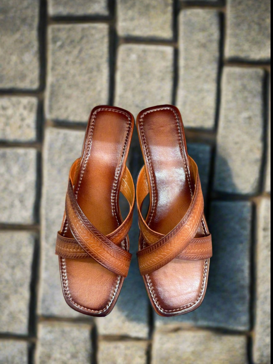 Classic Brown Leather Cross-Strap Sandals